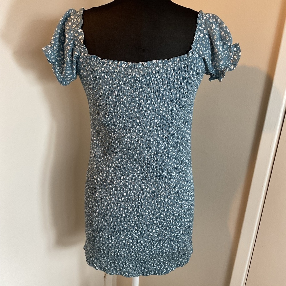 Blush Blue White Floral Ruched Tie Front Puff Sleeve Mini Babydoll Dress Large - Picture 7 of 8